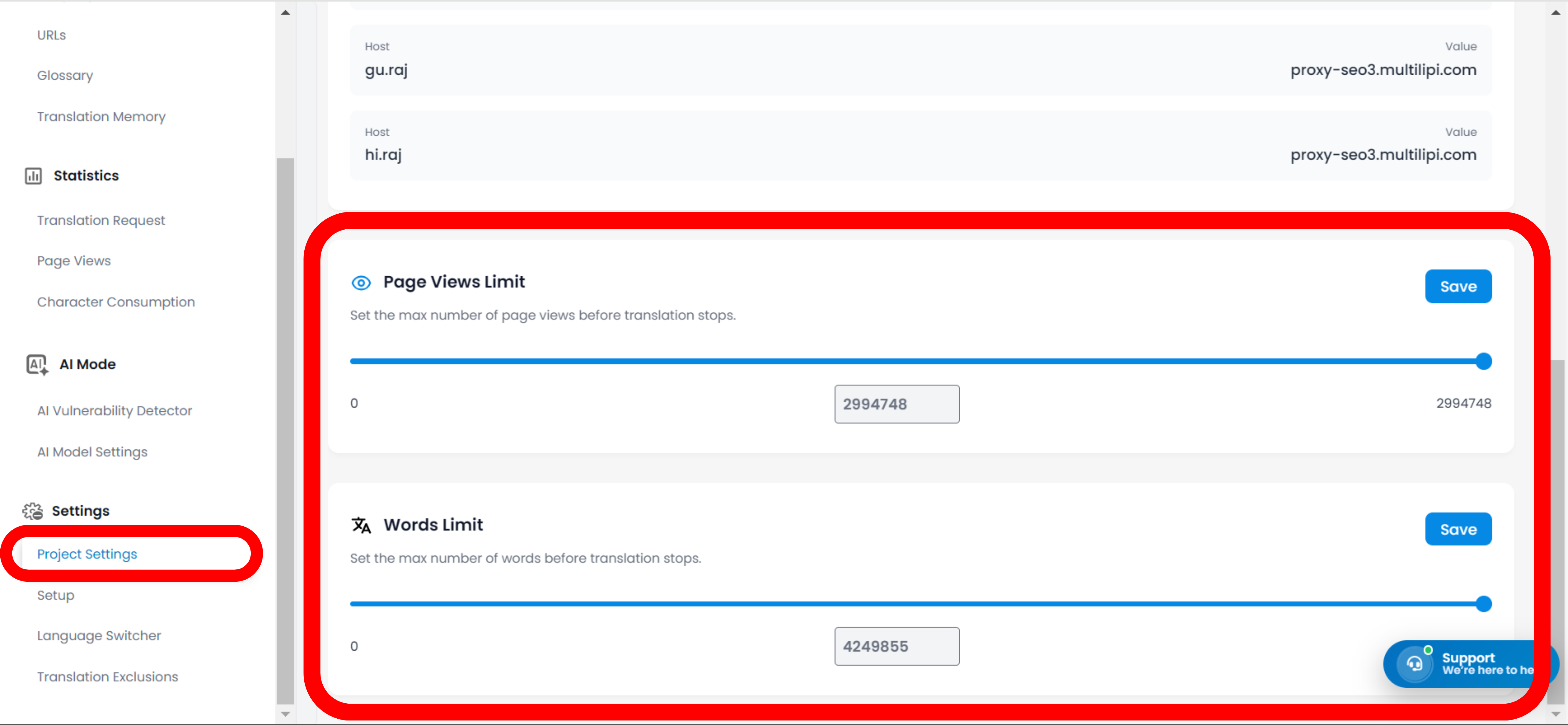 MultiLipi Setup page showing Page Views Limit and Words Limit sliders with input fields and Save buttons, highlighted with red border